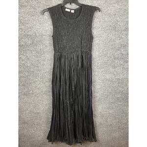 Ventage NAQUI Crushed and Smocked Black Knee Length Dress Jewel Neck‎ L